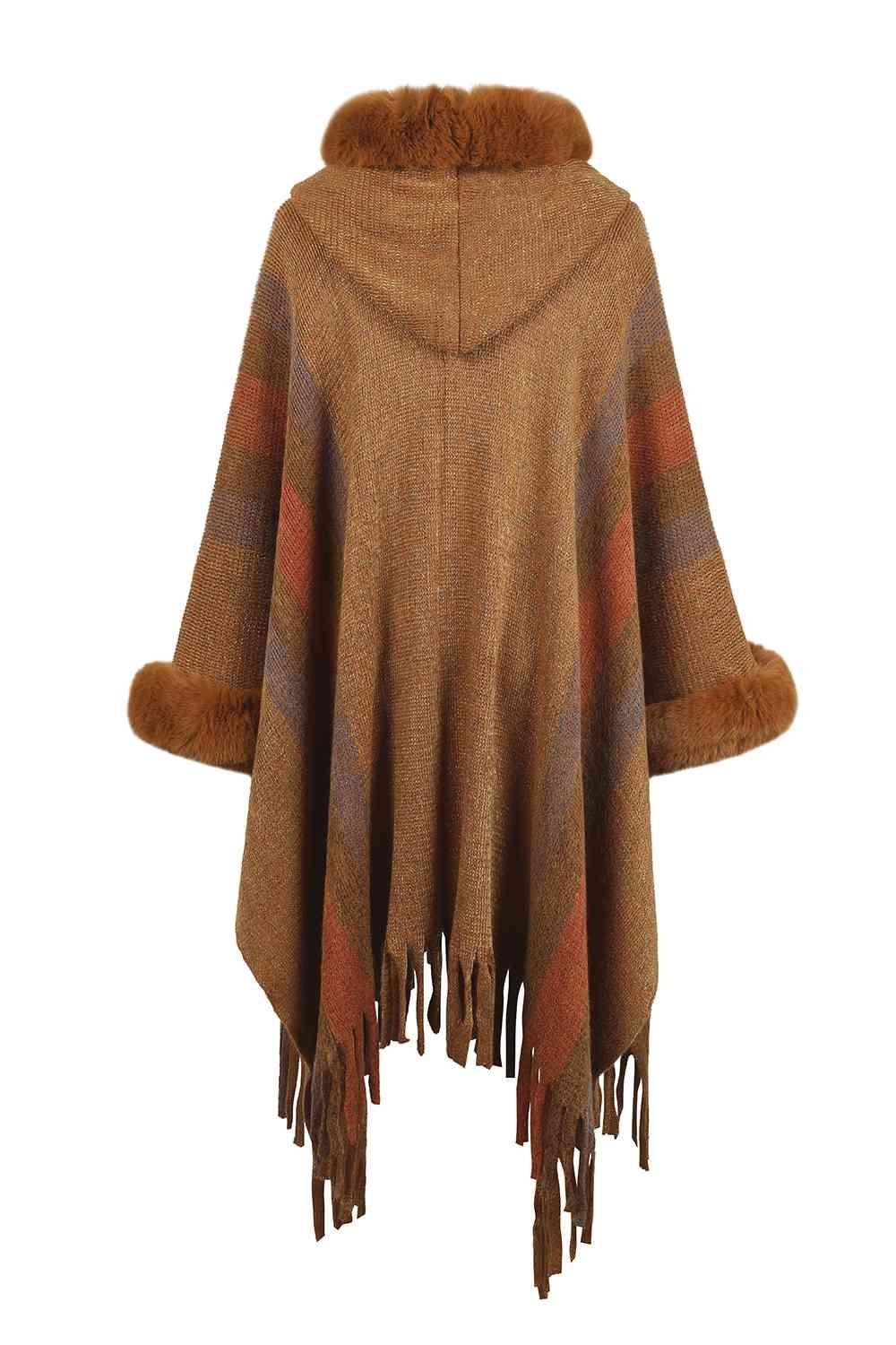 Color Block Fringe Detail Poncho - La Pink