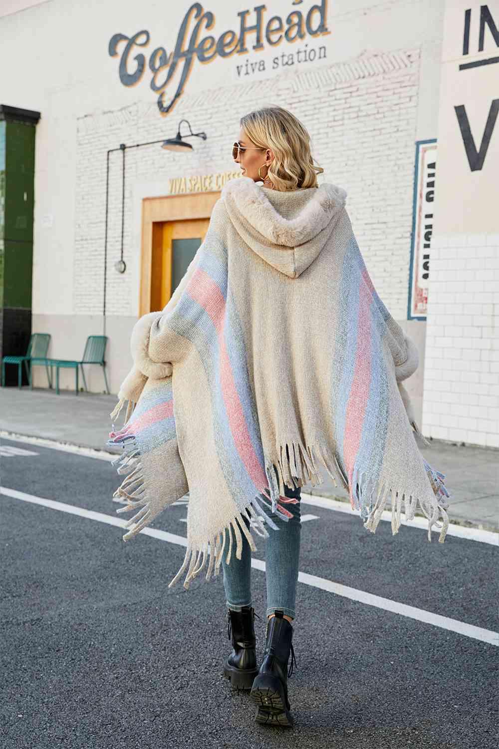Color Block Fringe Detail Poncho - La Pink