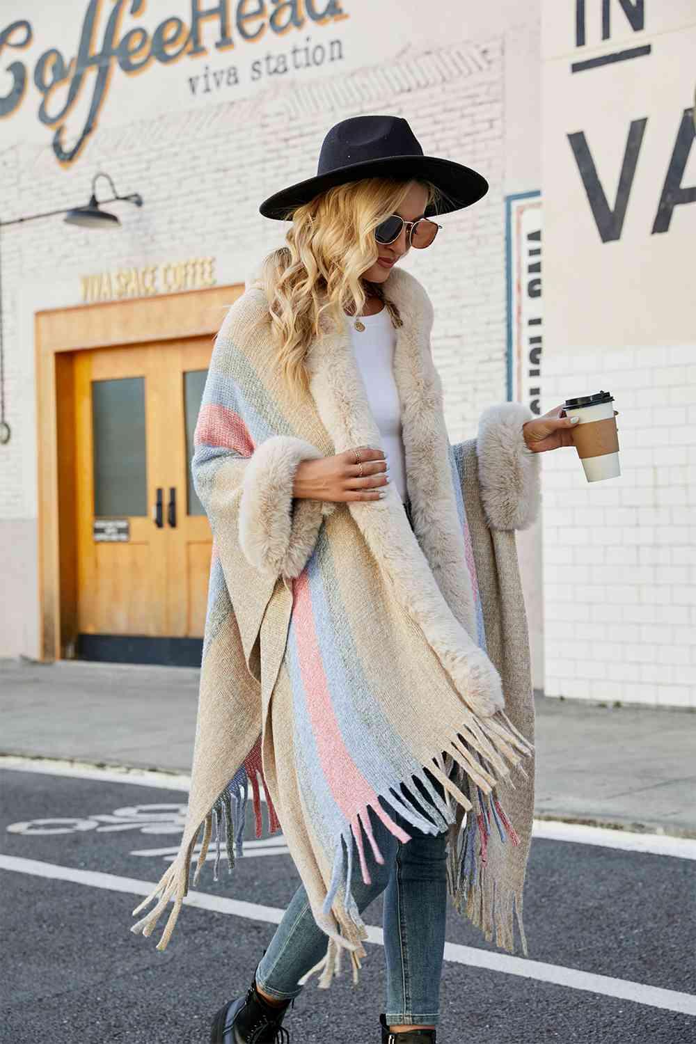 Color Block Fringe Detail Poncho - La Pink