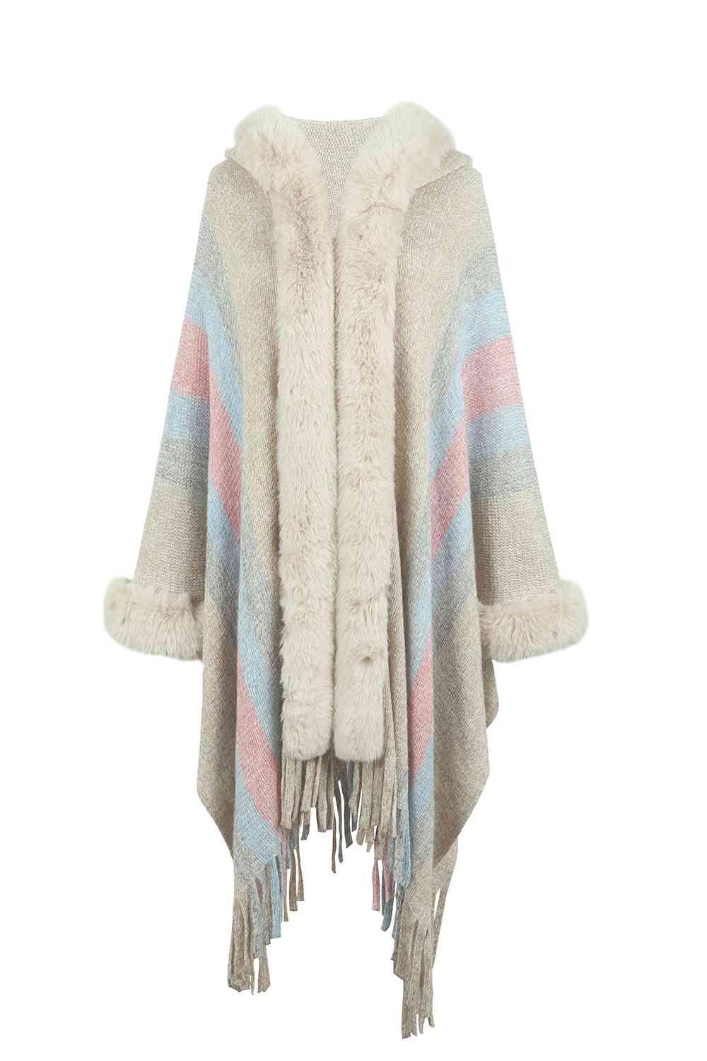 Color Block Fringe Detail Poncho - La Pink