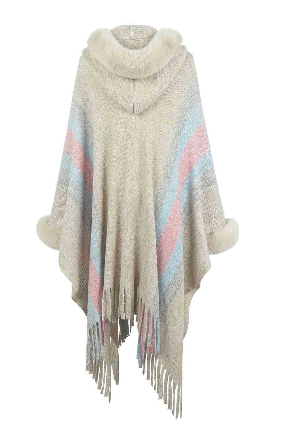 Color Block Fringe Detail Poncho - La Pink