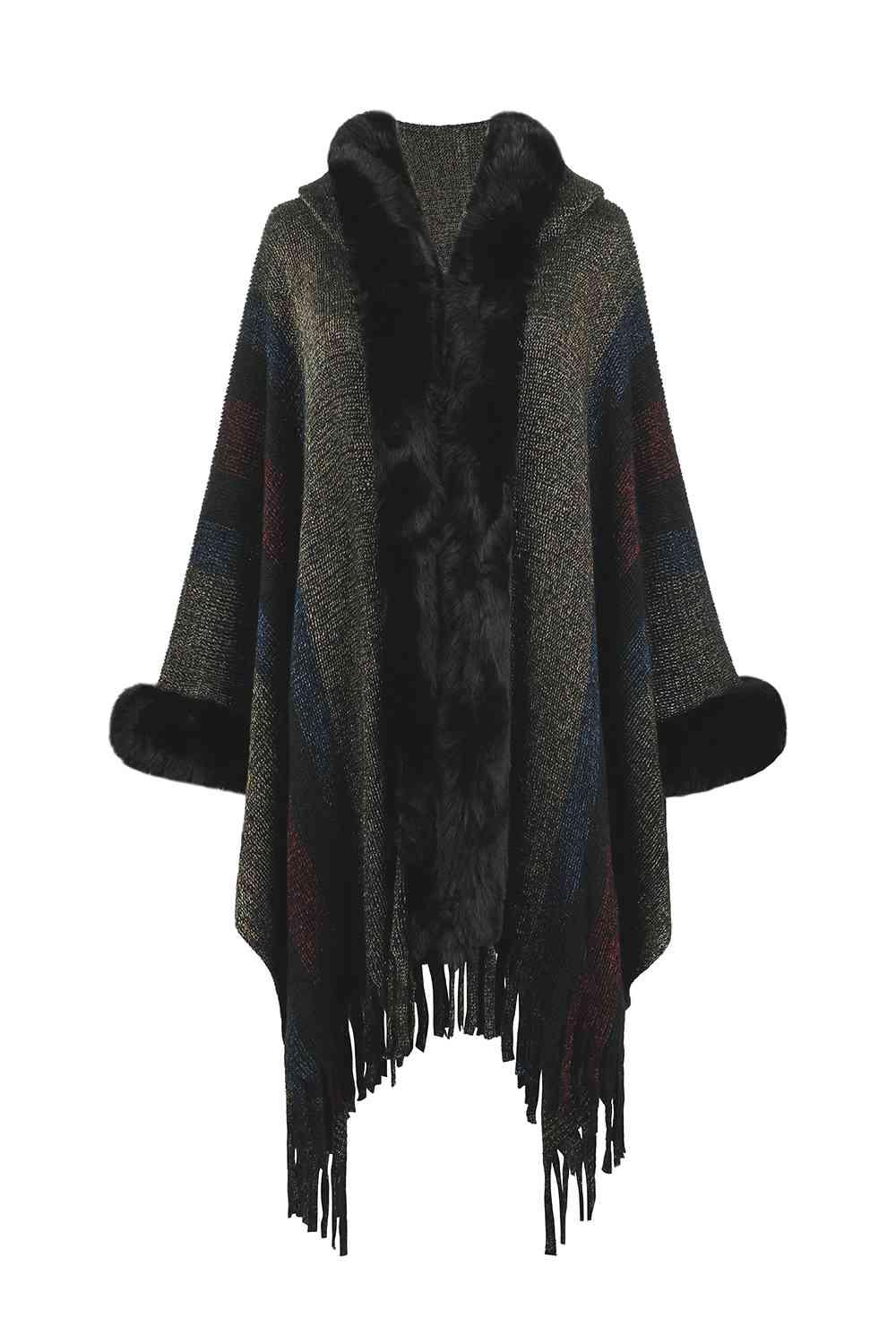 Color Block Fringe Detail Poncho - La Pink