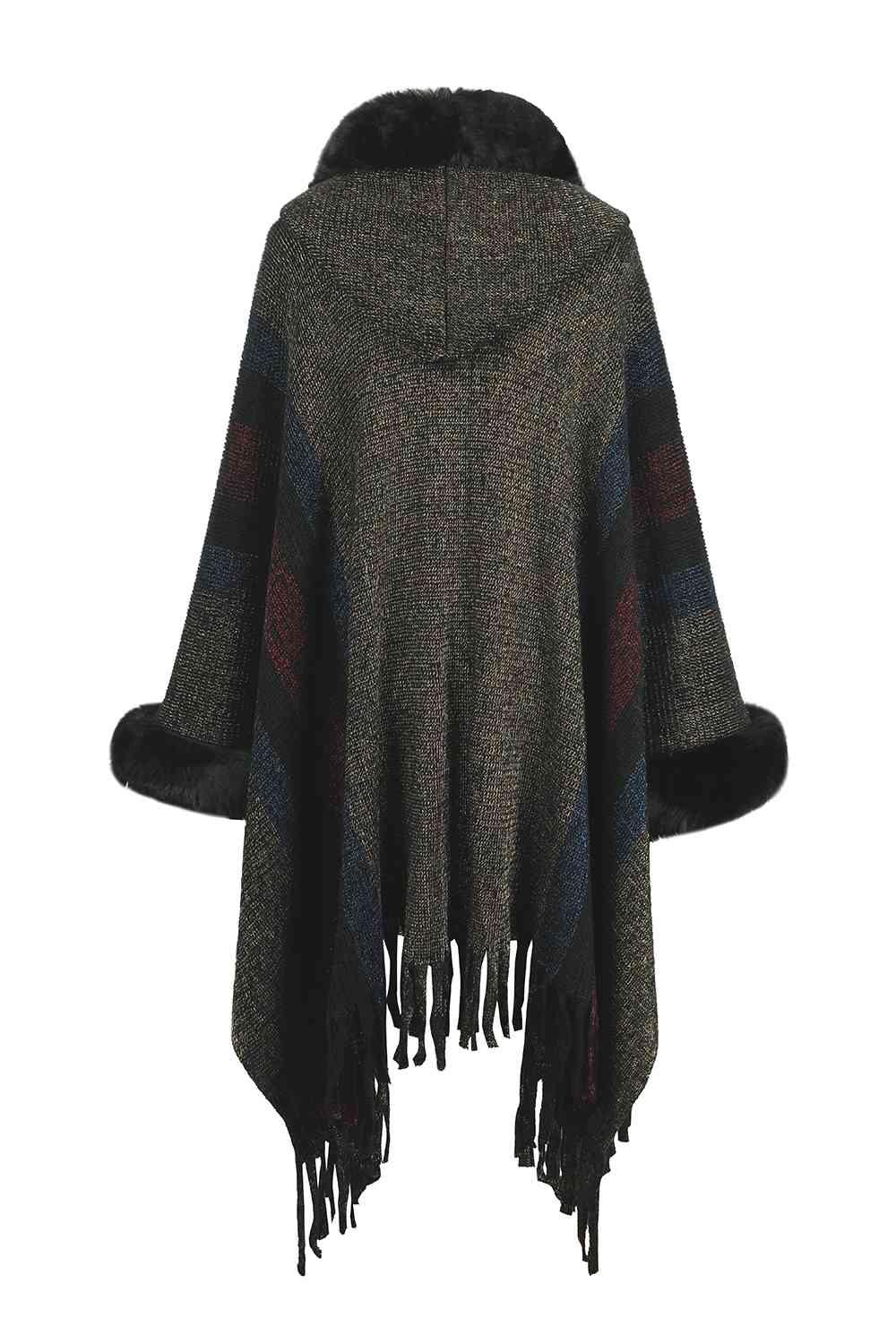 Color Block Fringe Detail Poncho - La Pink