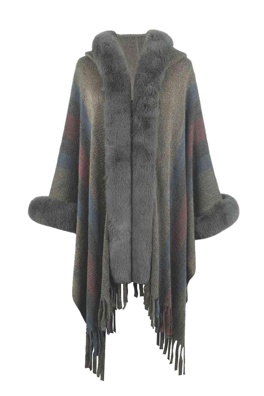 Color Block Fringe Detail Poncho - La Pink