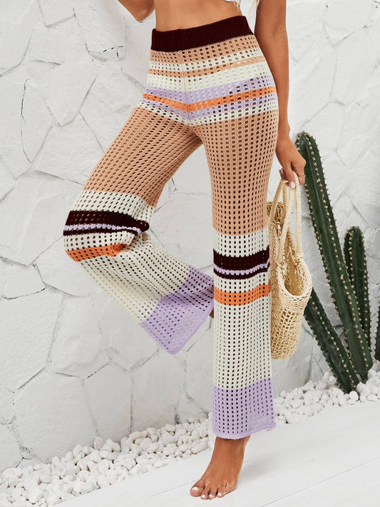 Color Block Openwork Knit Pants - La Pink