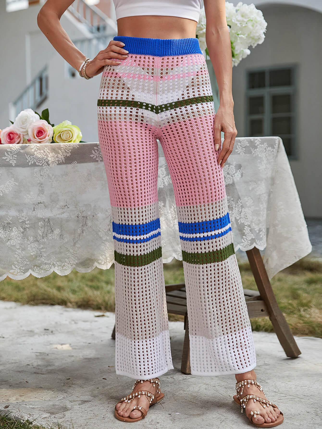 Color Block Openwork Knit Pants - La Pink