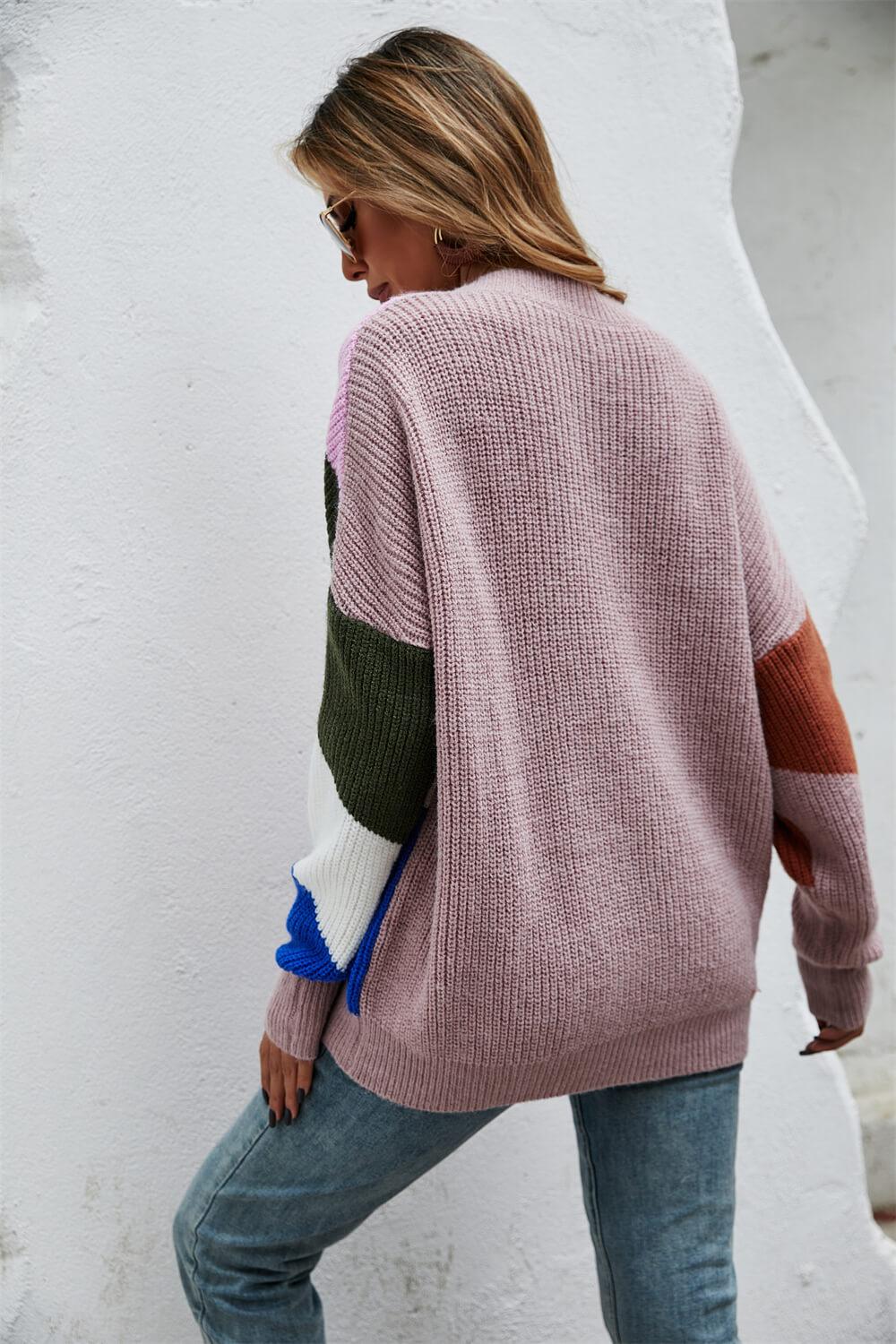 Contrast Button Front V-Neck Cardigan - La Pink
