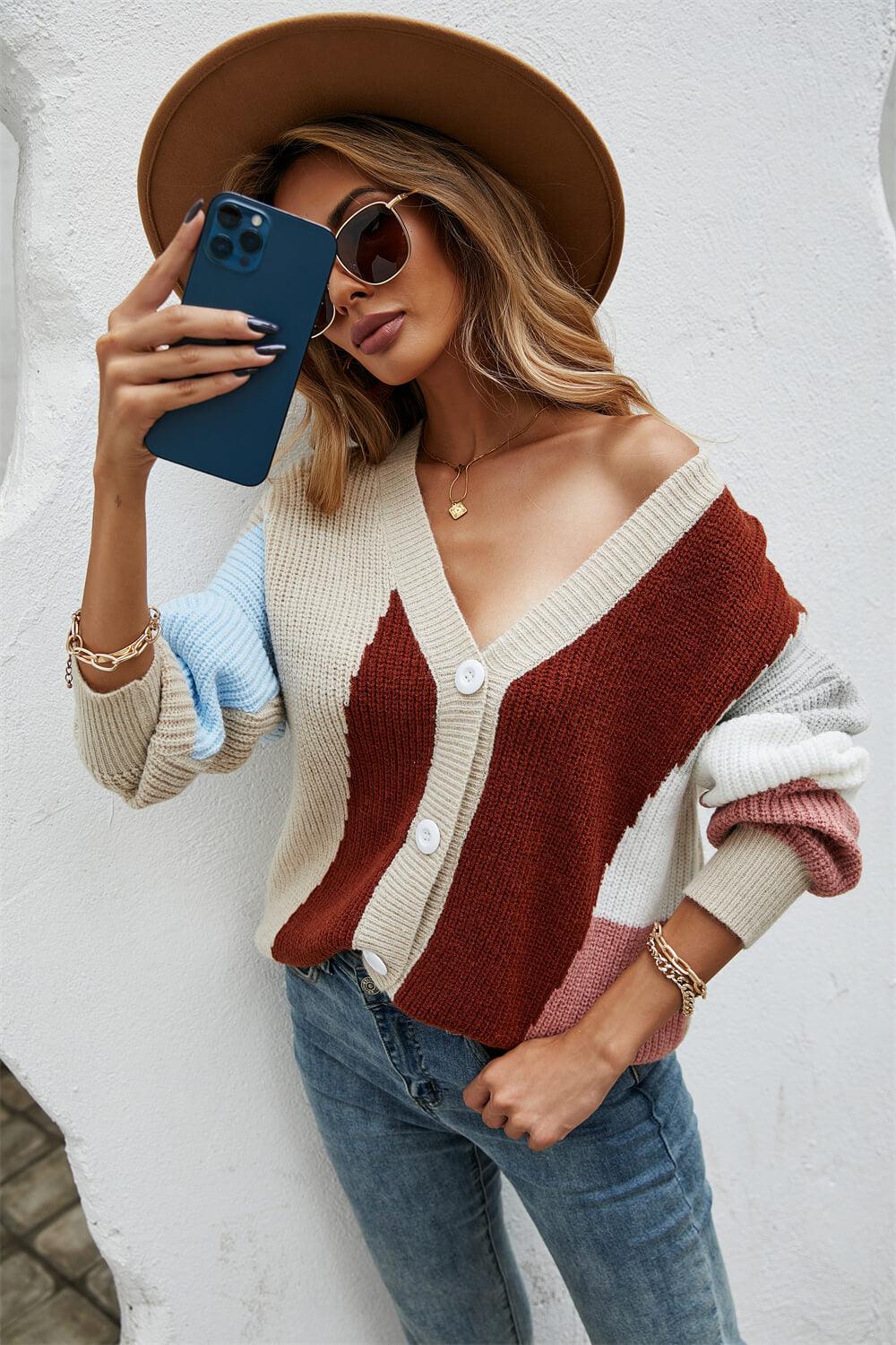 Contrast Button Front V-Neck Cardigan - La Pink