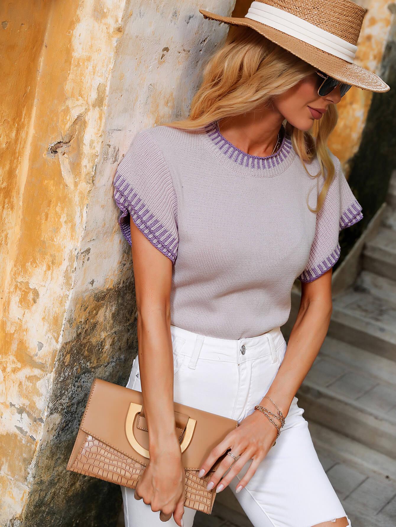 Contrast Round Neck Short Sleeve Knit Top - La Pink