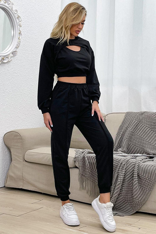 Cut Out Crop Top and Joggers Set - La Pink