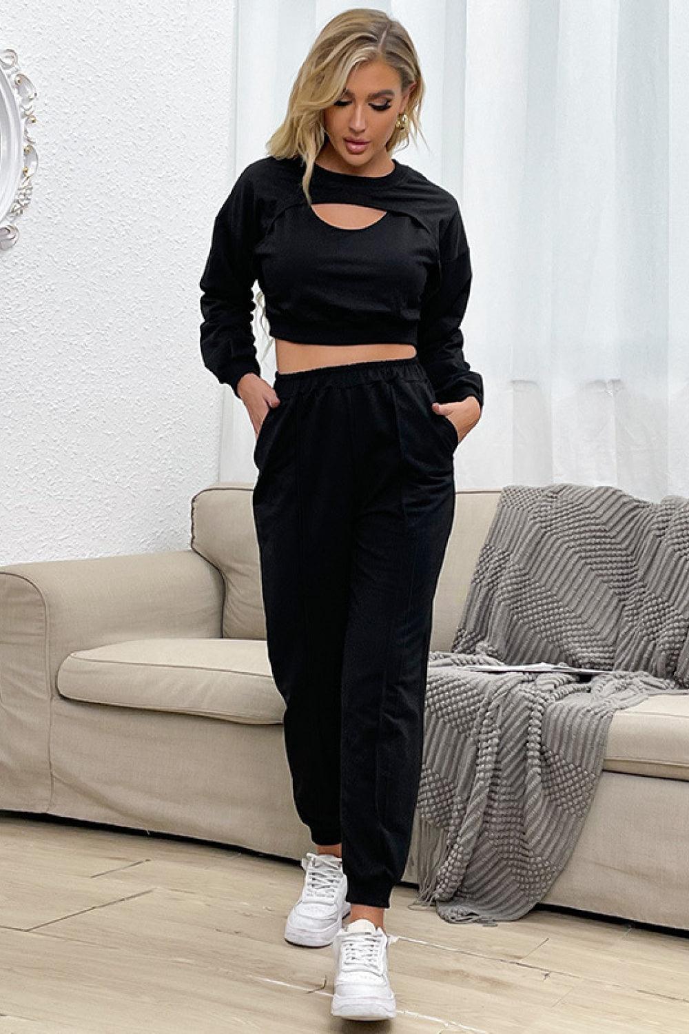 Cut Out Crop Top and Joggers Set - La Pink