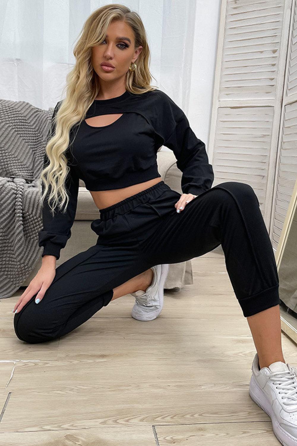 Cut Out Crop Top and Joggers Set - La Pink
