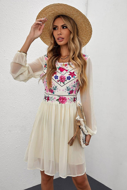 Floral Mesh Sleeve Lined Dress - La Pink