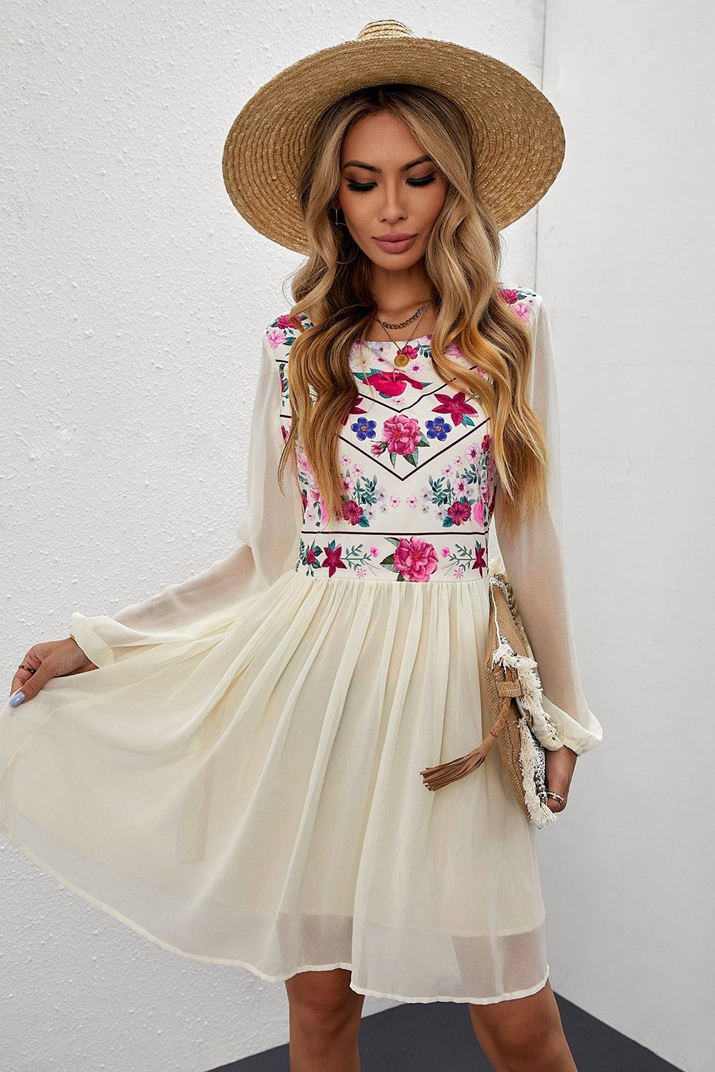 Floral Mesh Sleeve Lined Dress - La Pink