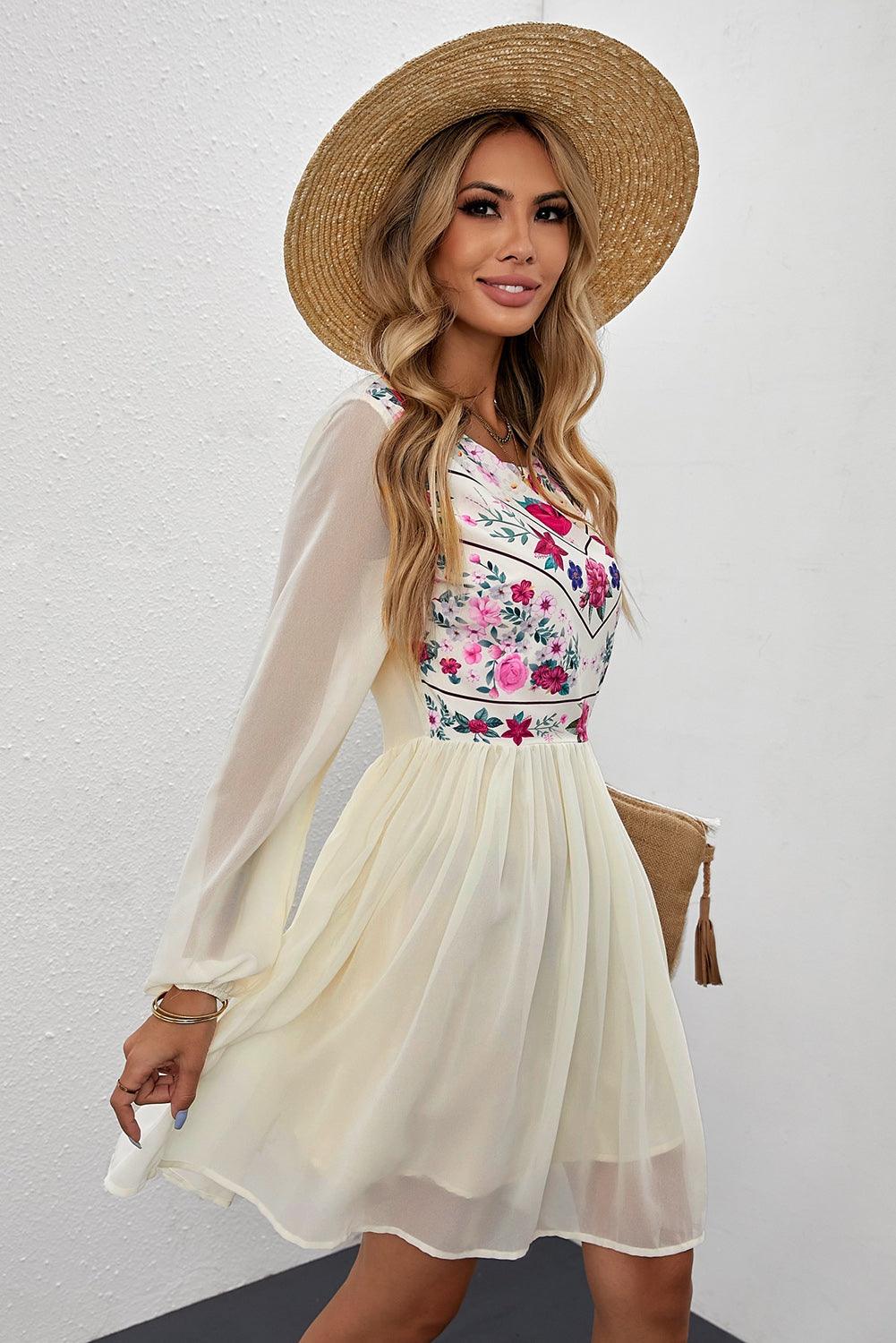 Floral Mesh Sleeve Lined Dress - La Pink