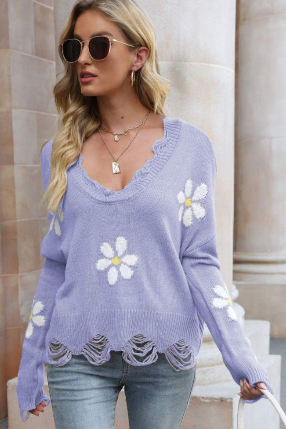 Flower Distressed Ribbed Trim Sweater - La Pink