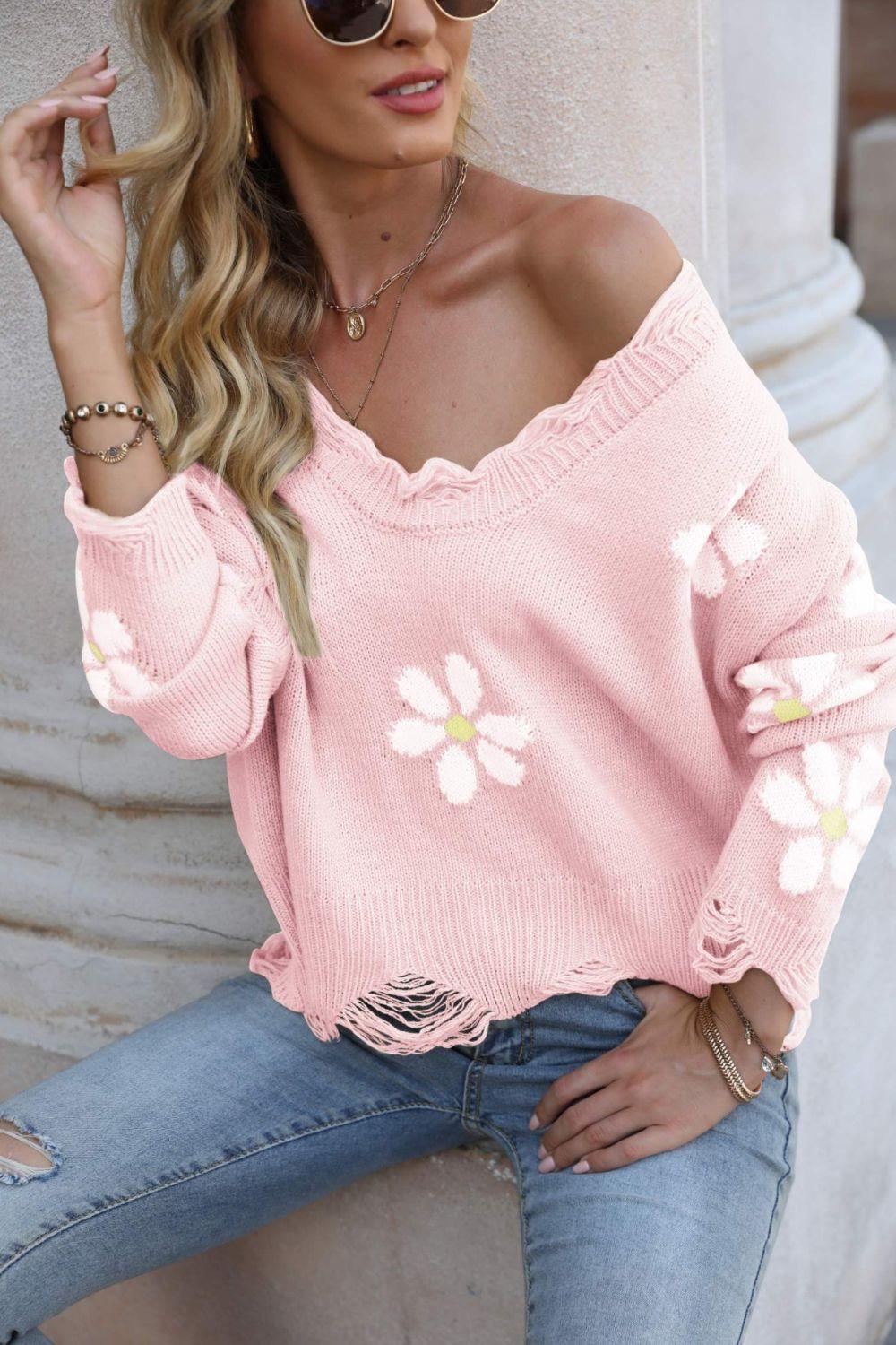 Flower Distressed Ribbed Trim Sweater - La Pink