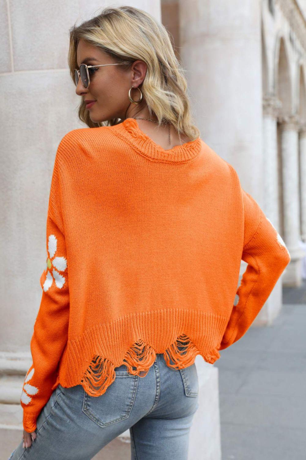 Flower Distressed Ribbed Trim Sweater - La Pink