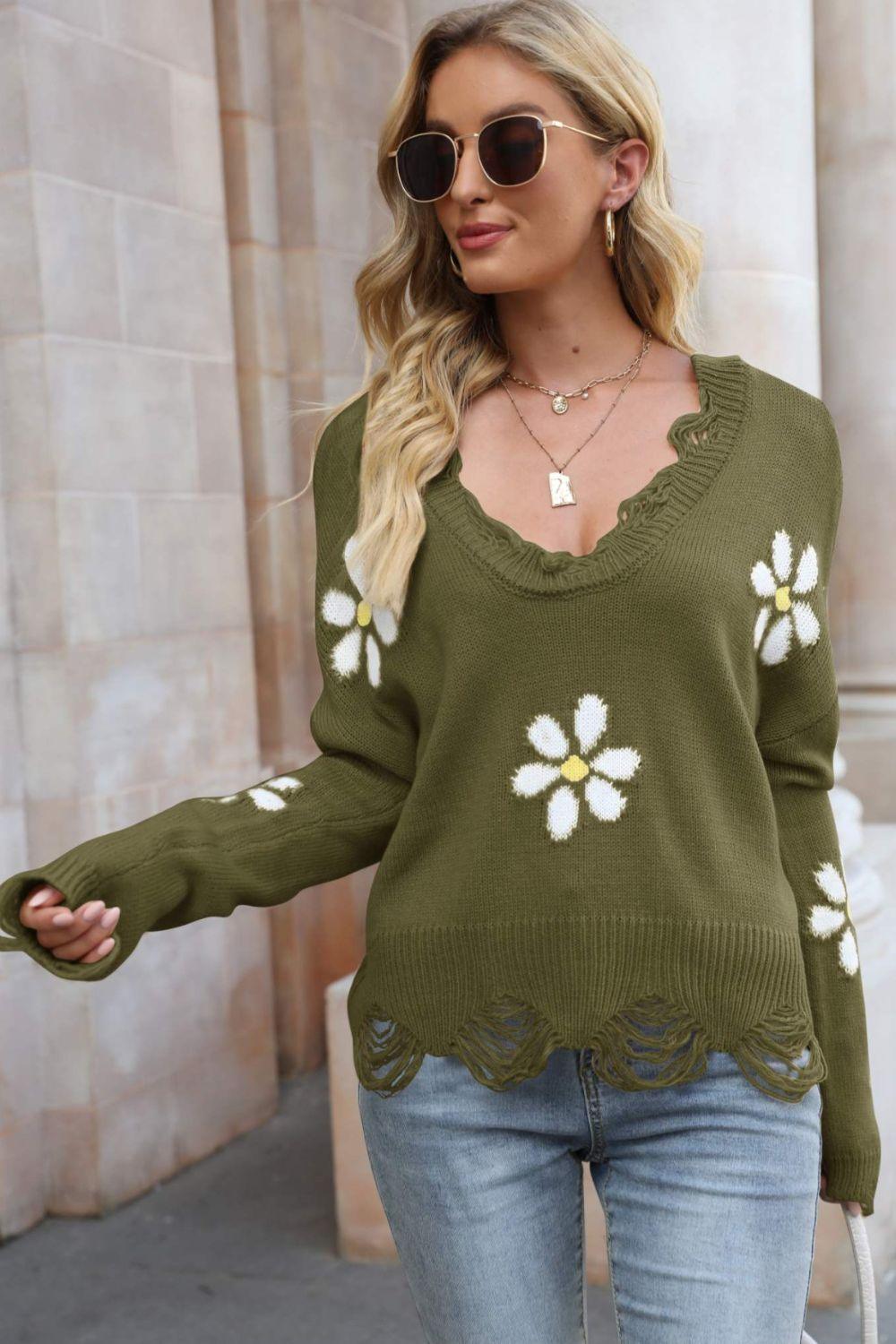 Flower Distressed Ribbed Trim Sweater - La Pink