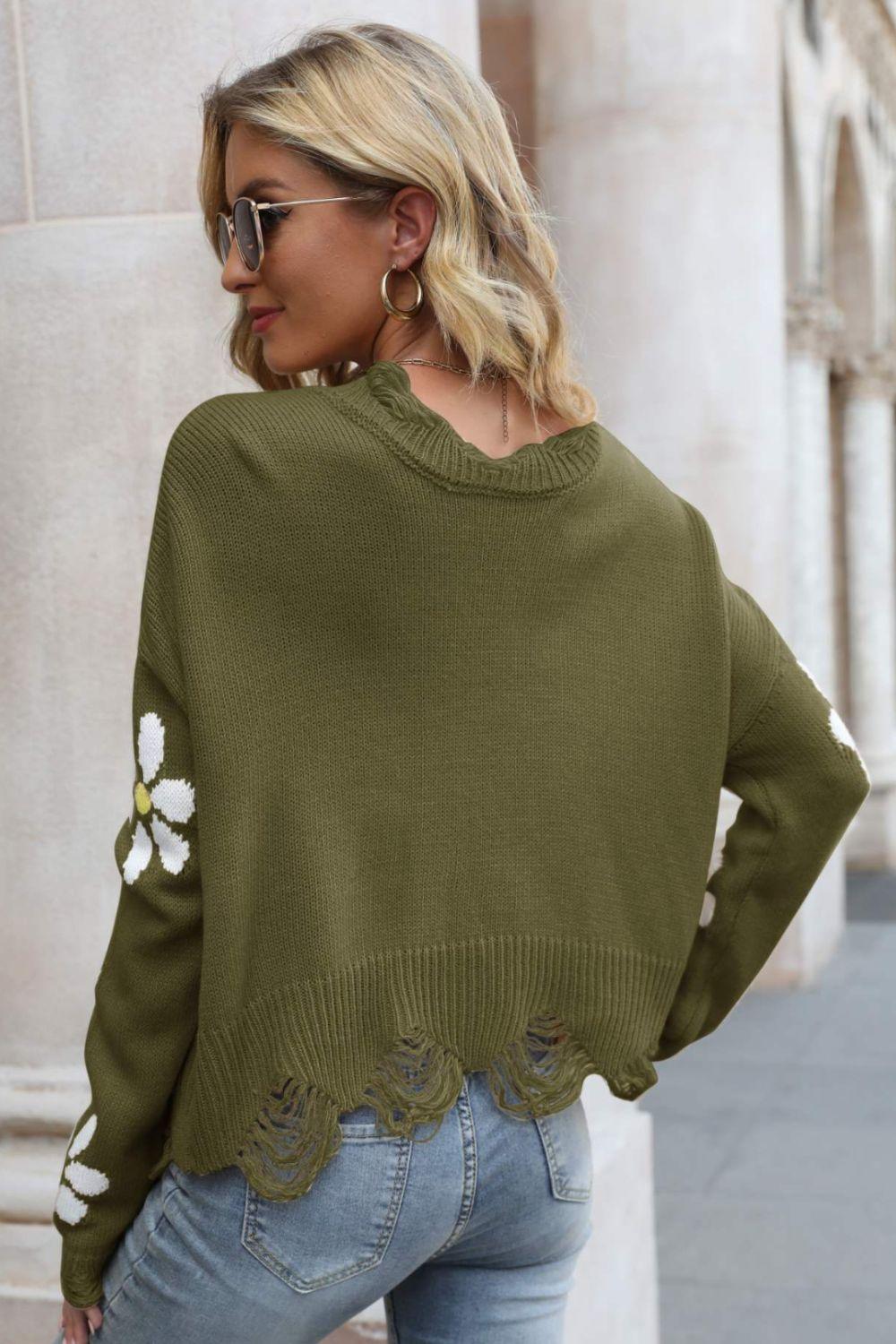 Flower Distressed Ribbed Trim Sweater - La Pink