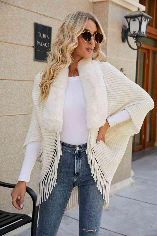 Fringe Detail Long Sleeve Ribbed Poncho - La Pink