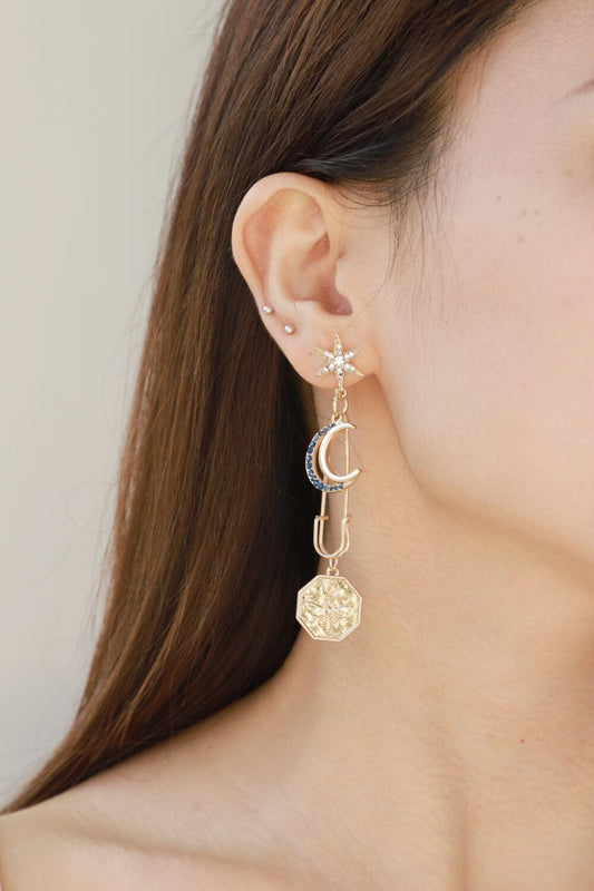 Inlaid Rhinestone Moon and Star Drop Earrings - La Pink