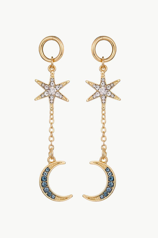 Inlaid Rhinestone Star and Moon Drop Earrings - La Pink