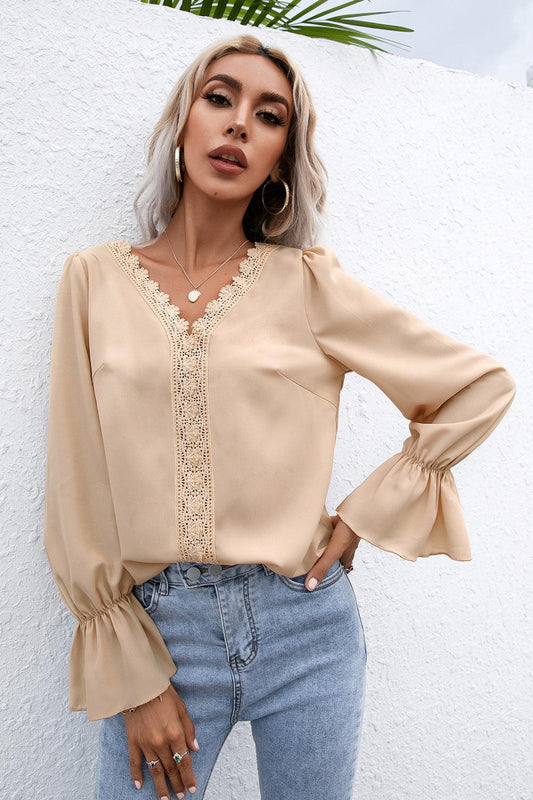 Lace Trim Flounce Sleeve Blouse - La Pink