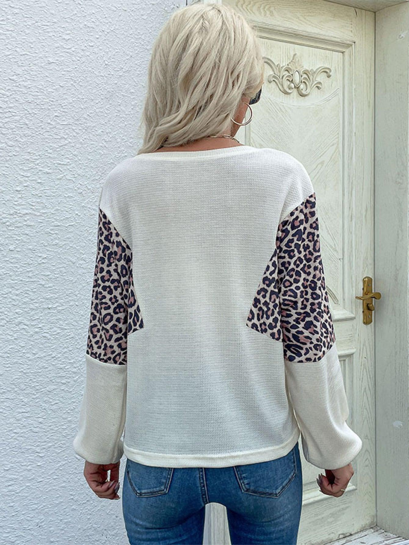 Leopard Color Block Waffle Knit Top - La Pink