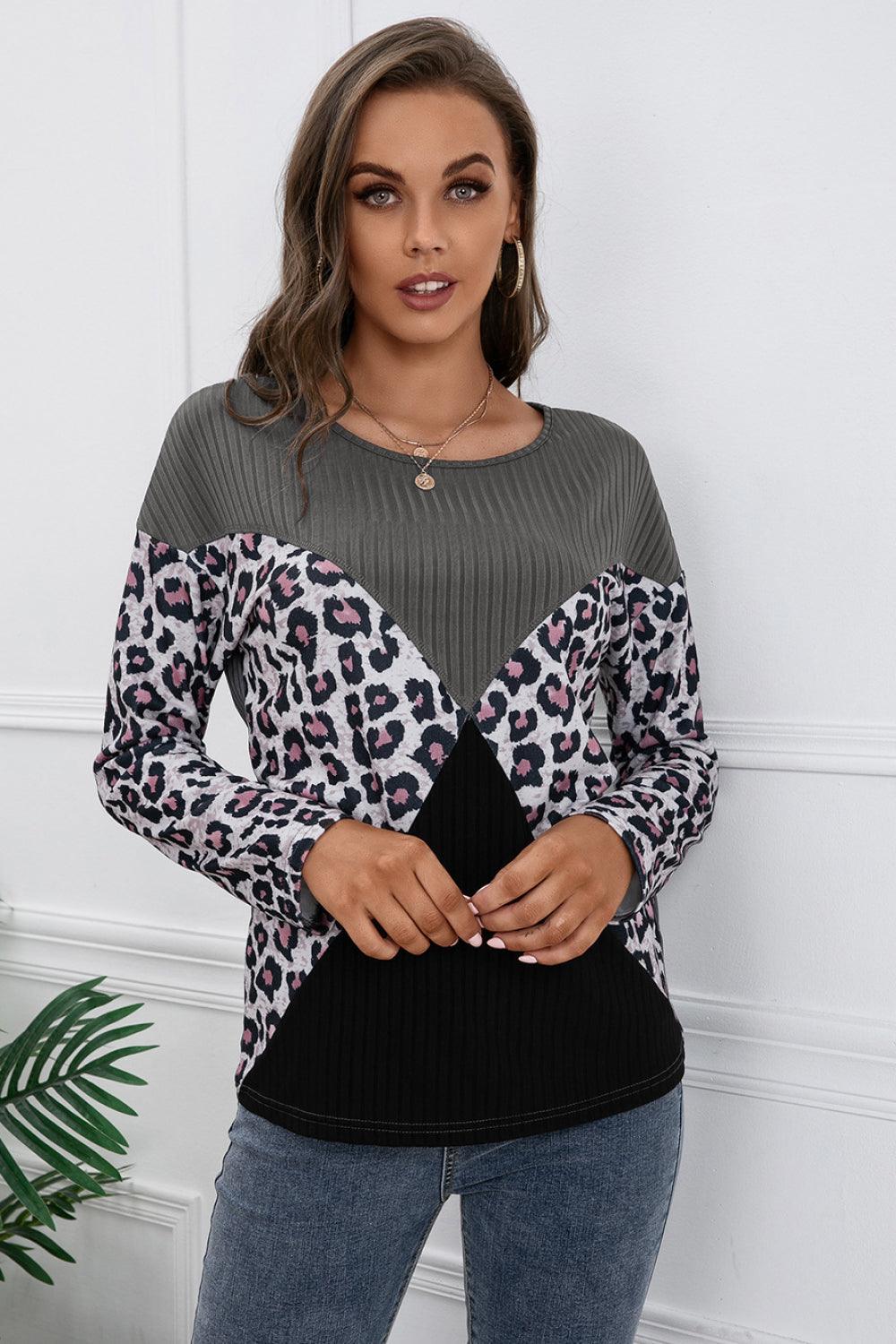Leopard Patch Color Block Ribbed Top - La Pink