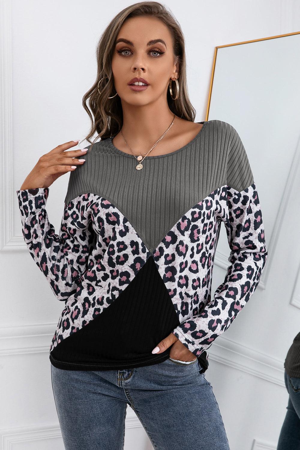 Leopard Patch Color Block Ribbed Top - La Pink