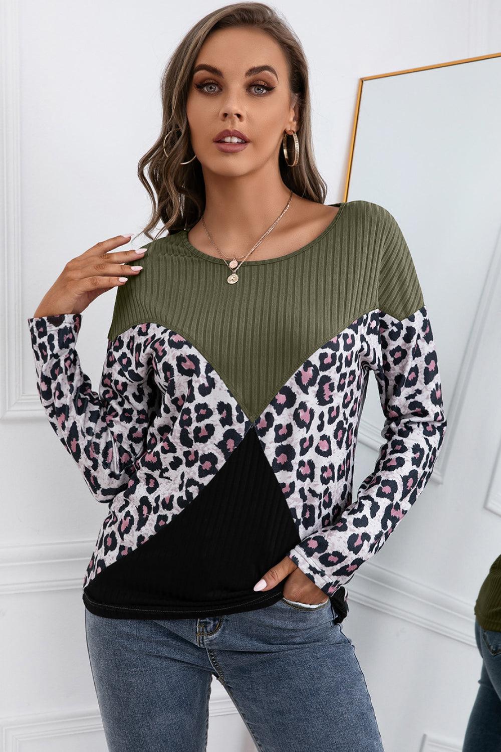 Leopard Patch Color Block Ribbed Top - La Pink