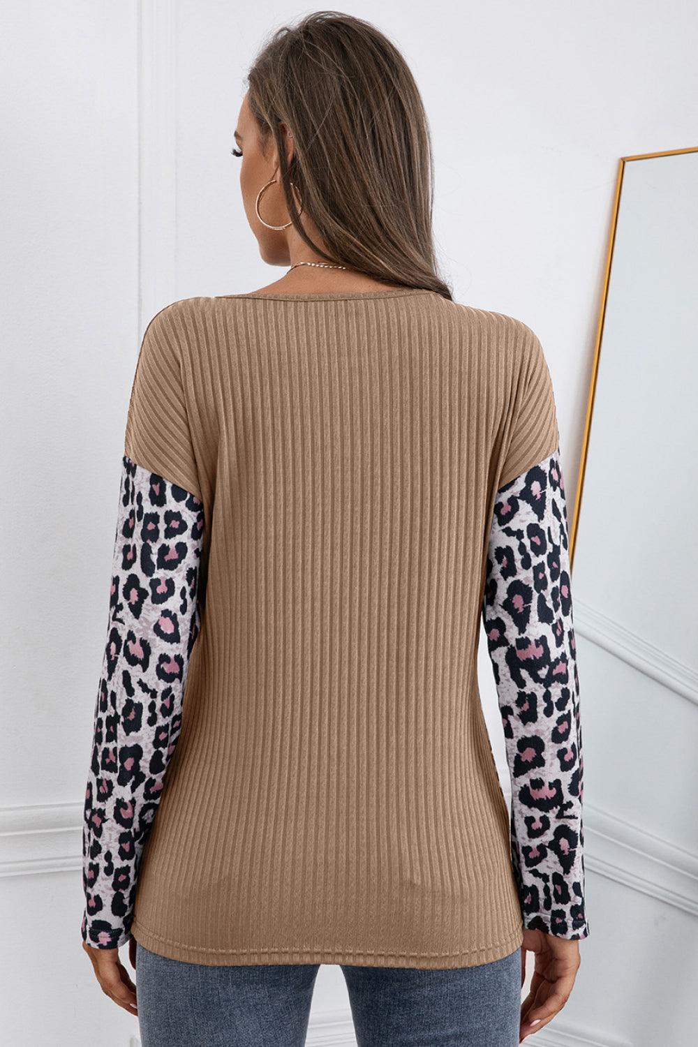 Leopard Patch Color Block Ribbed Top - La Pink