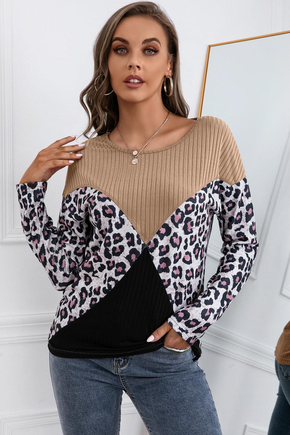 Leopard Patch Color Block Ribbed Top - La Pink