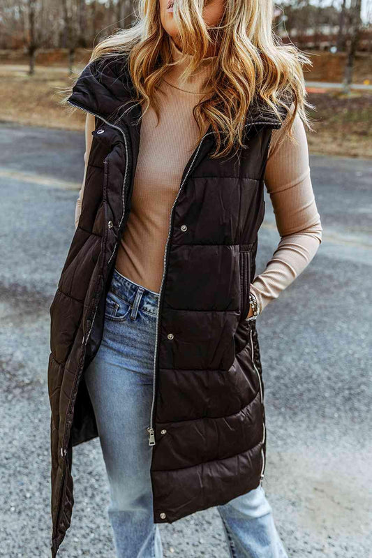 Longline Hooded Sleeveless Puffer Vest - La Pink