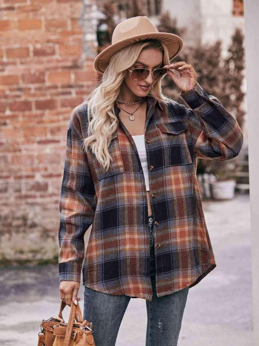 Plaid Dropped Shoulder Longline Shirt - La Pink