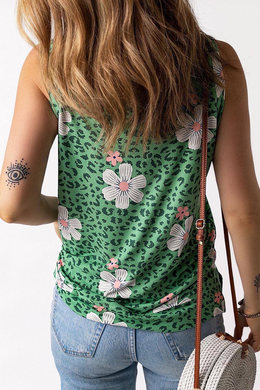 Printed Side Slit Round Neck Tank - La Pink