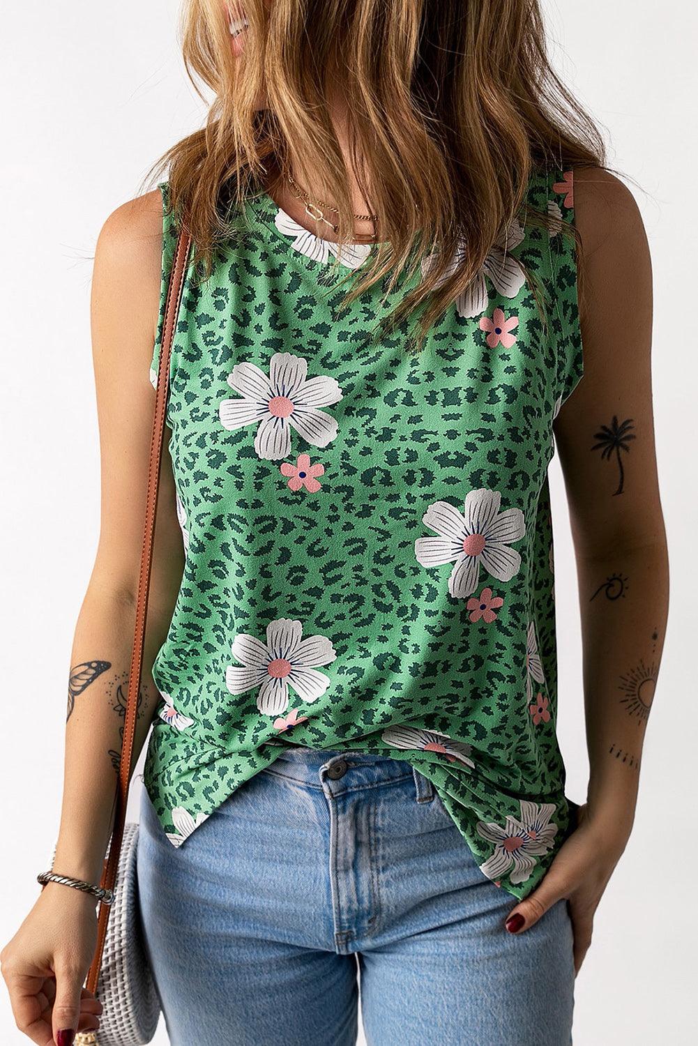 Printed Side Slit Round Neck Tank - La Pink