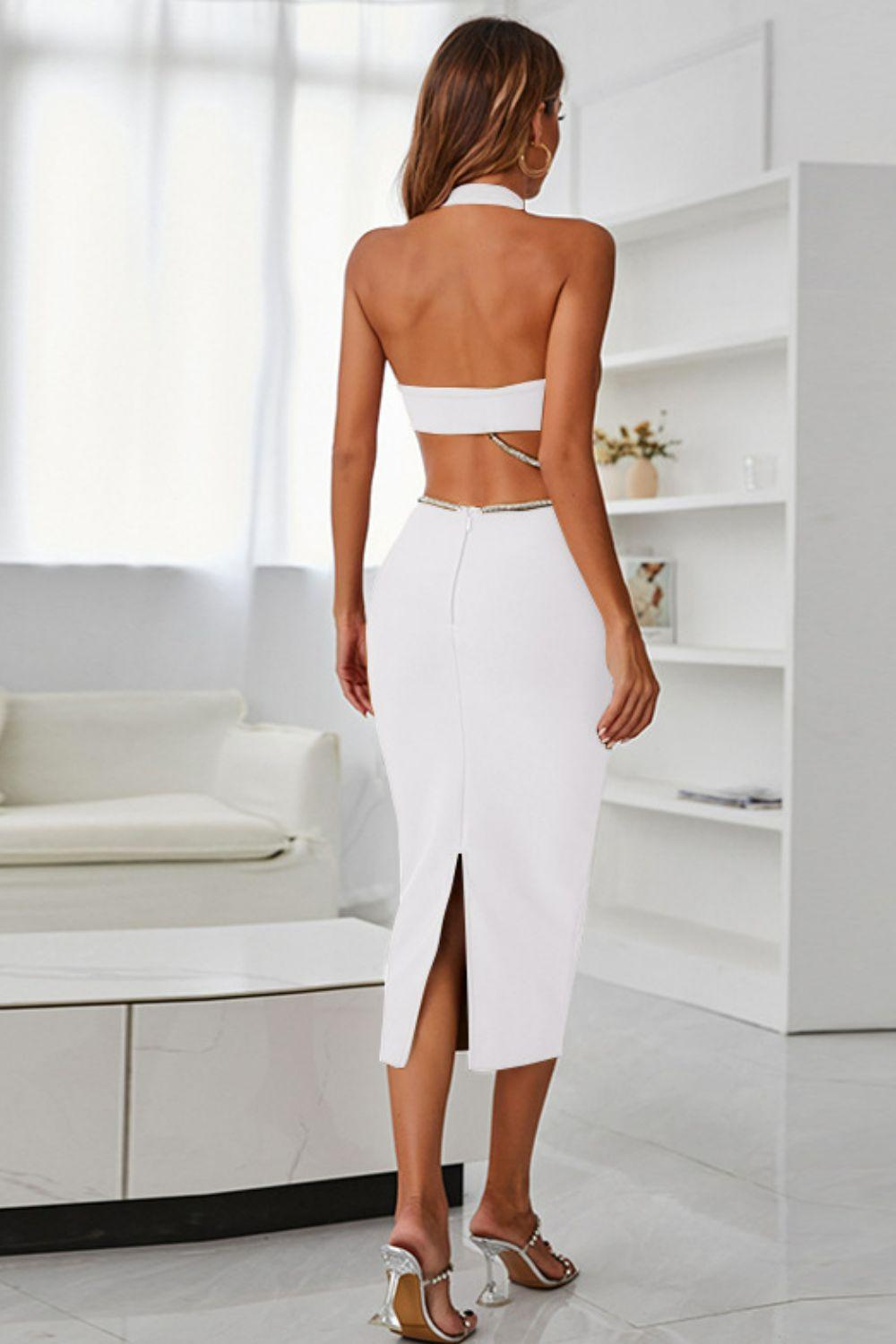 Rhinestone Halter Neck Cutout Slit Midi Dress - La Pink