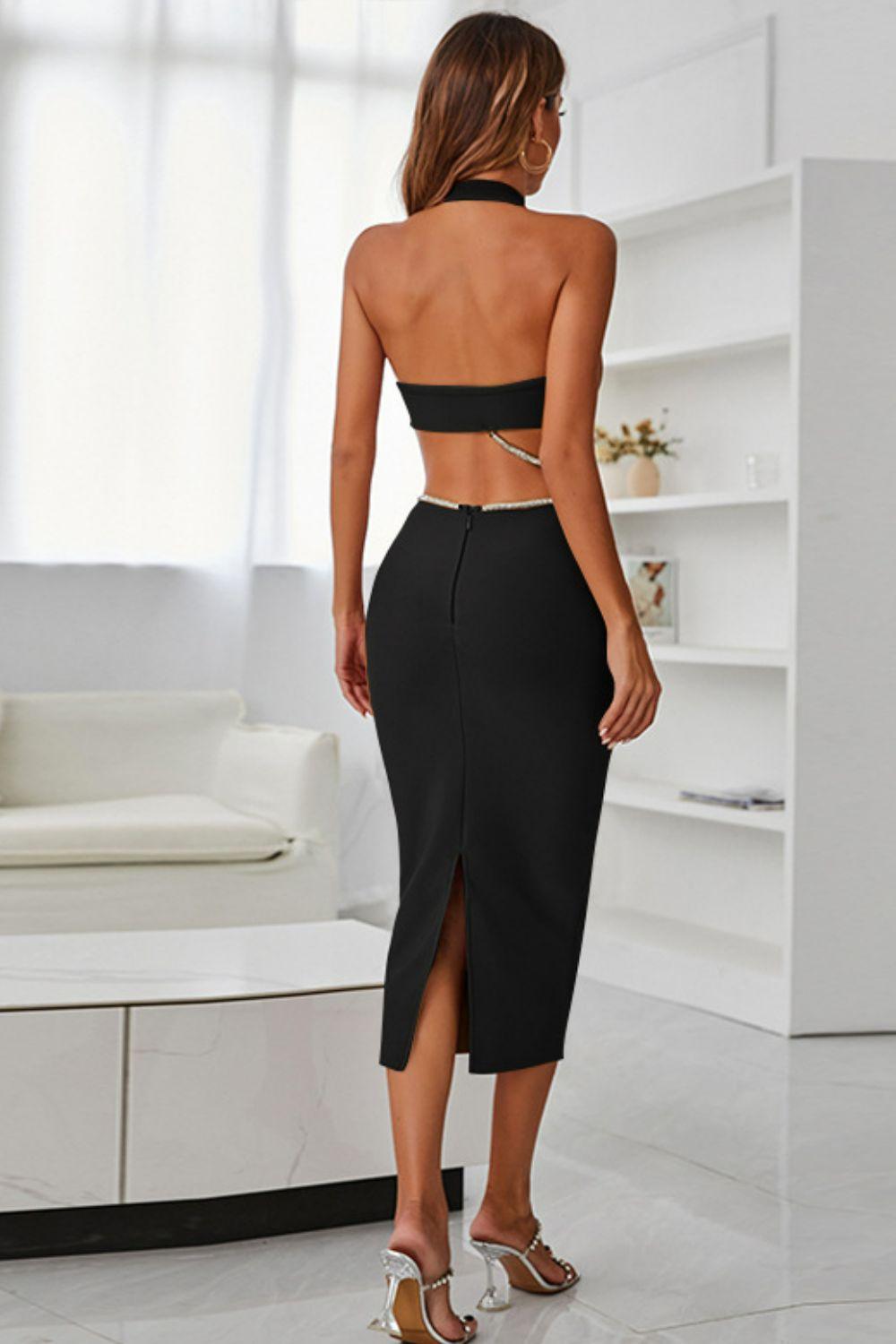Rhinestone Halter Neck Cutout Slit Midi Dress - La Pink