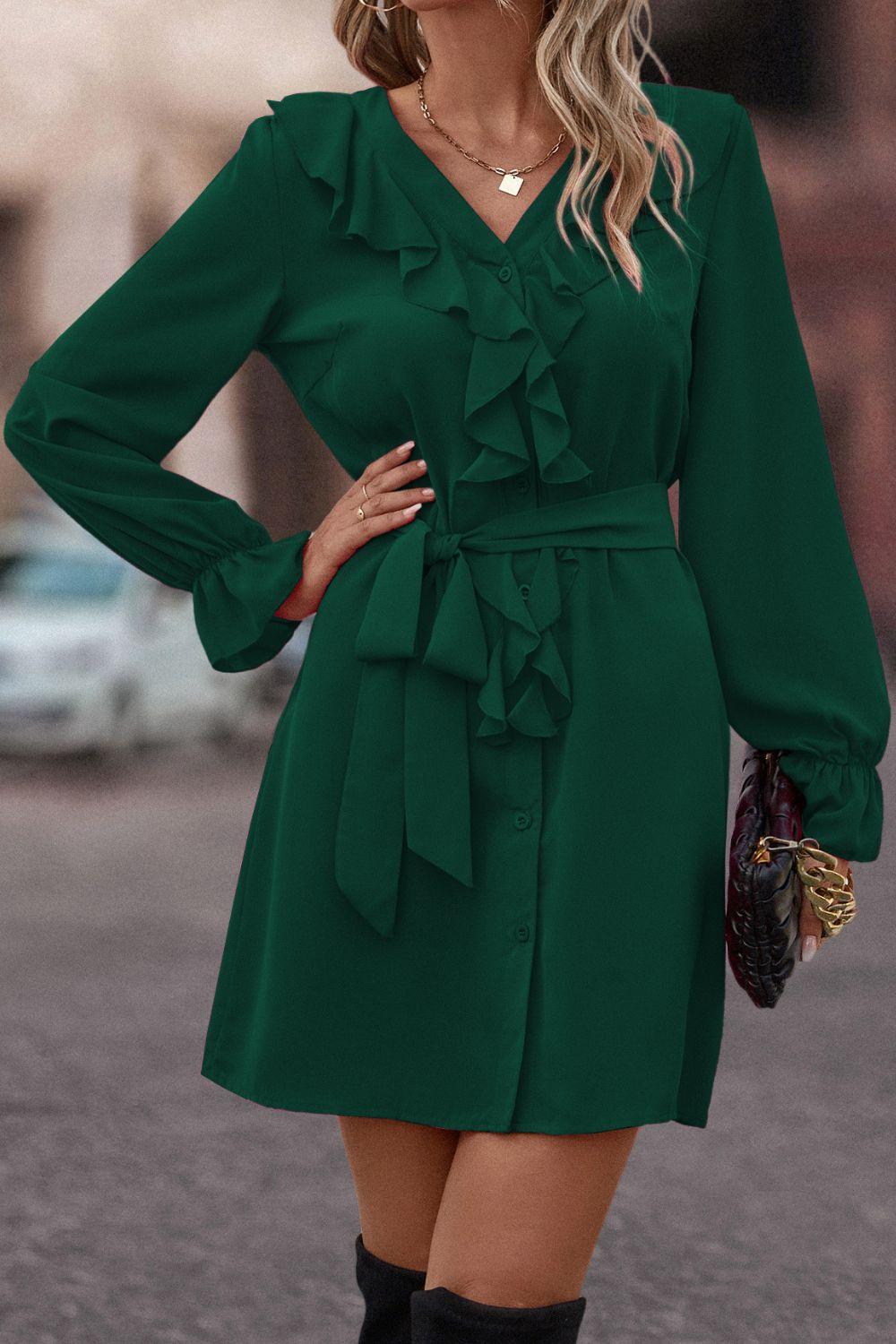 Ruffled Flounce Sleeve V-Neck Belted Dress - La Pink
