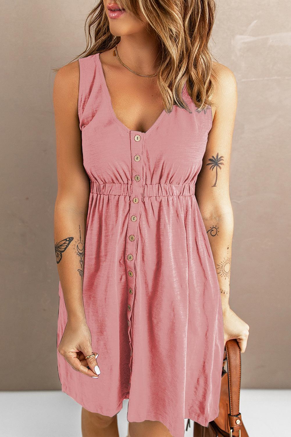 Sleeveless Button Down Mini Dress - La Pink