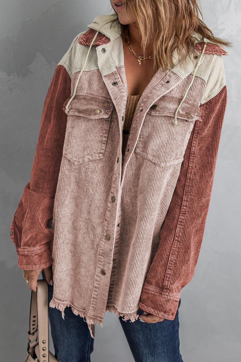 Snap Front Hooded Corduroy Shacket - La Pink