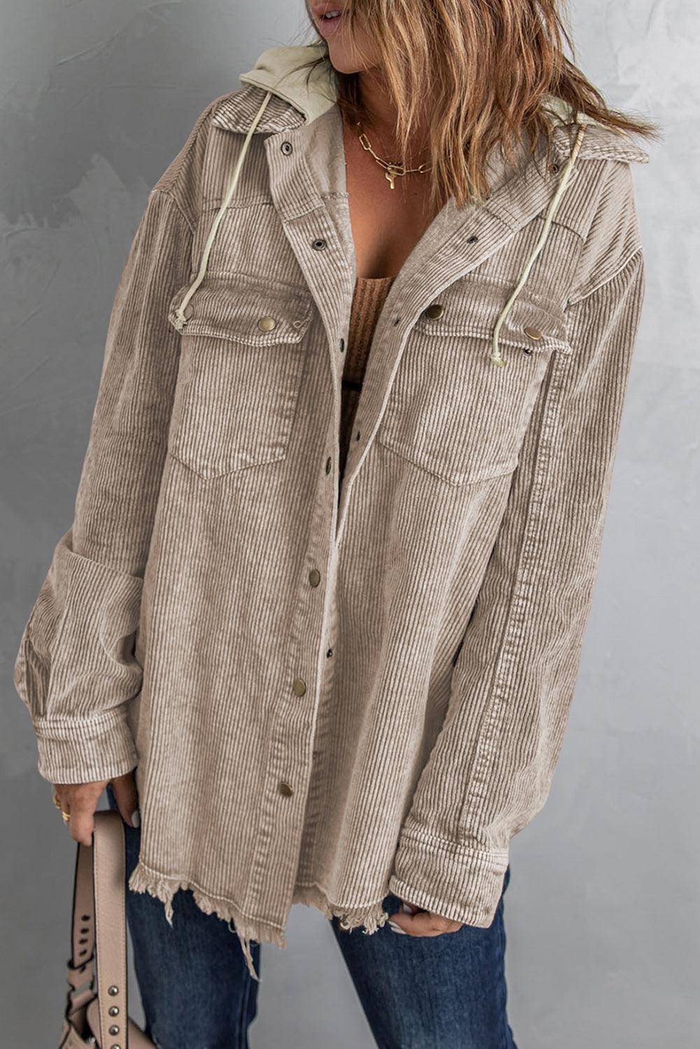 Snap Front Hooded Corduroy Shacket - La Pink