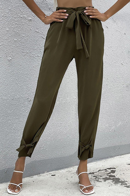 Tie Detail Belted Pants with Pockets - La Pink