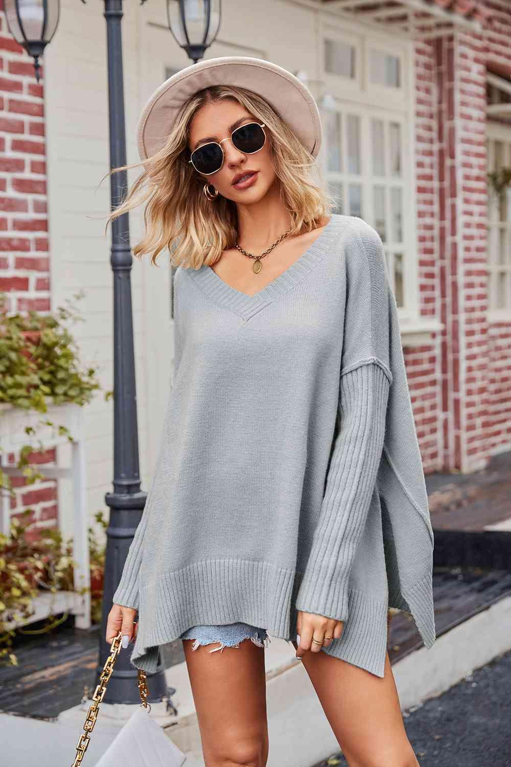 V-Neck Slit Exposed Seam Sweater - La Pink