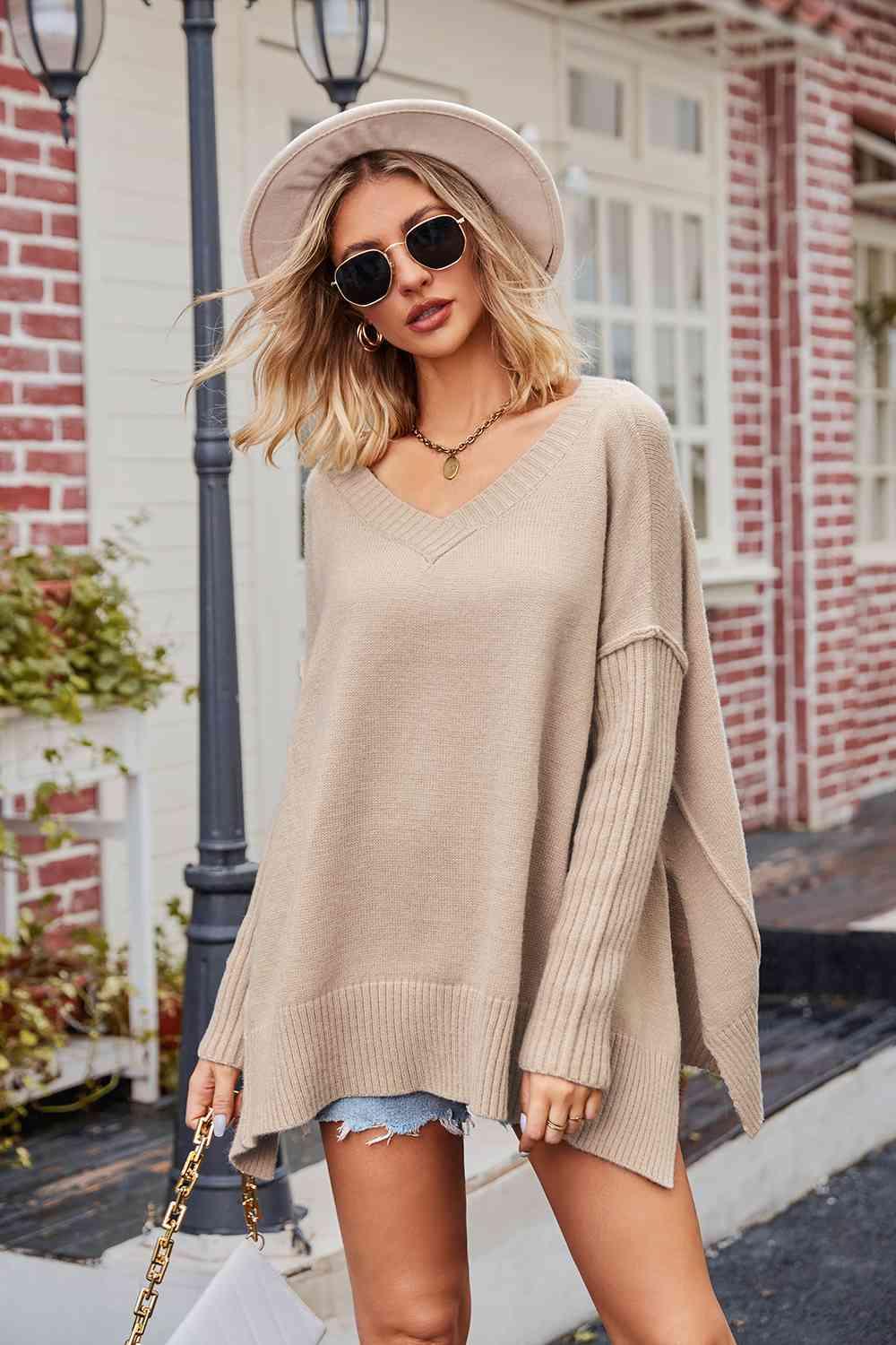 V-Neck Slit Exposed Seam Sweater - La Pink