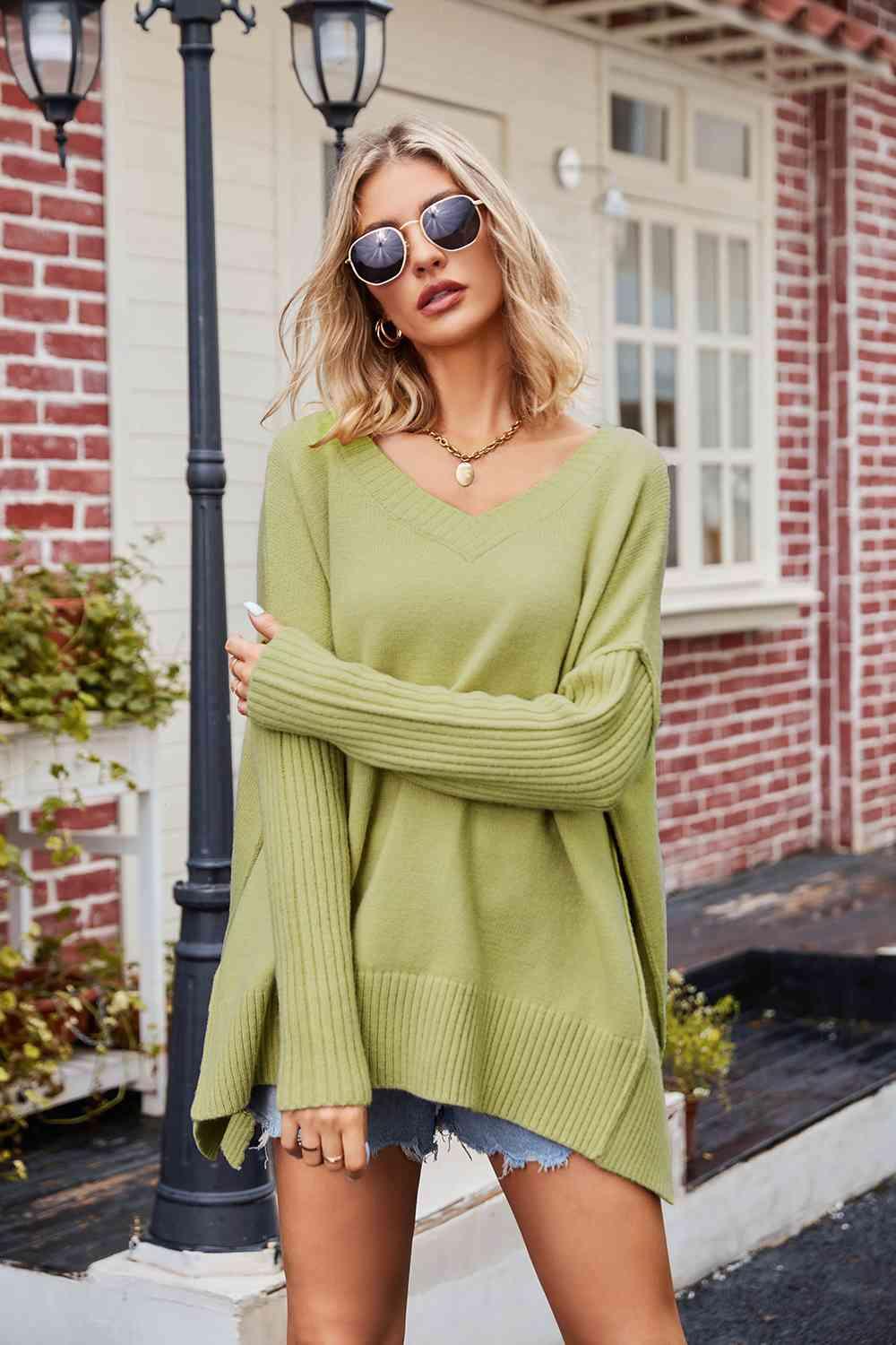 V-Neck Slit Exposed Seam Sweater - La Pink