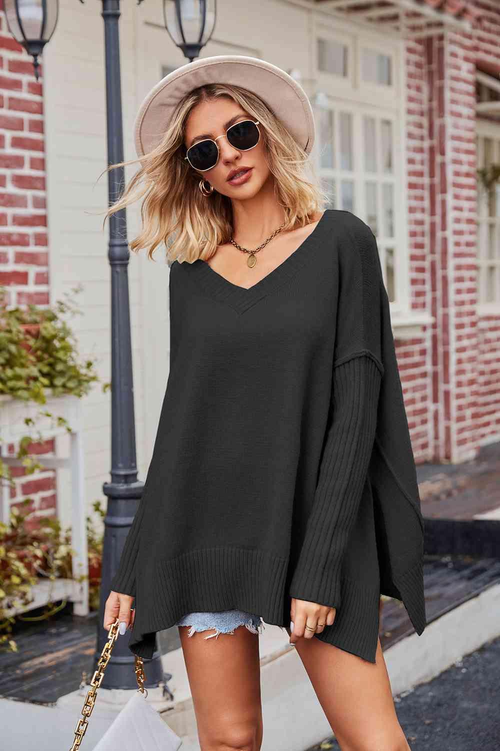 V-Neck Slit Exposed Seam Sweater - La Pink
