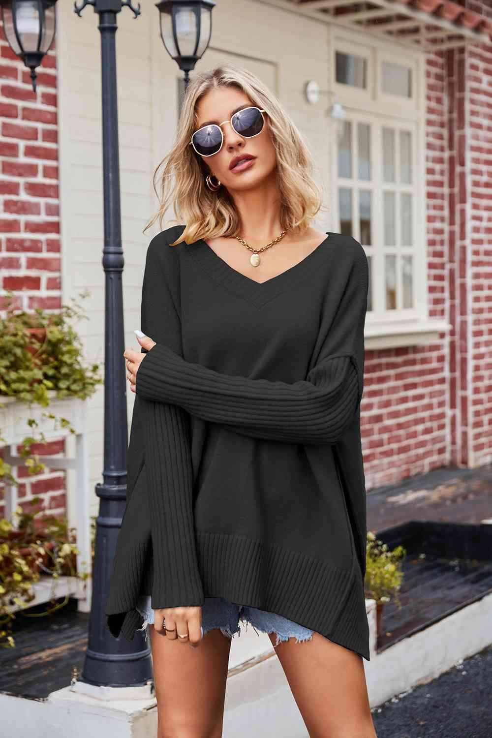 V-Neck Slit Exposed Seam Sweater - La Pink
